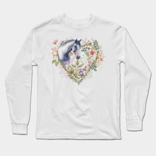 Floral Heart with Grey Horse Long Sleeve T-Shirt